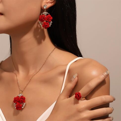 coadipress 3 Pairs Red Heart Necklace Earrings Bracelet Set for Women Dainty heart Pearl Choker Heart Stud Earrings Heart Bracelets Trendy Wedding Jewelry Set in Saudi Arabia
