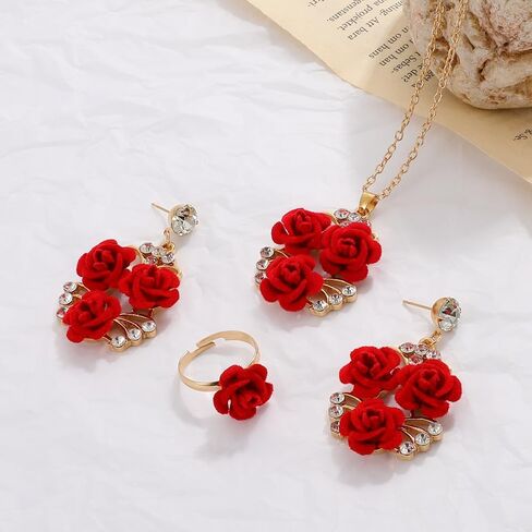 coadipress 3 Pairs Red Heart Necklace Earrings Bracelet Set for Women Dainty heart Pearl Choker Heart Stud Earrings Heart Bracelets Trendy Wedding Jewelry Set in Saudi Arabia
