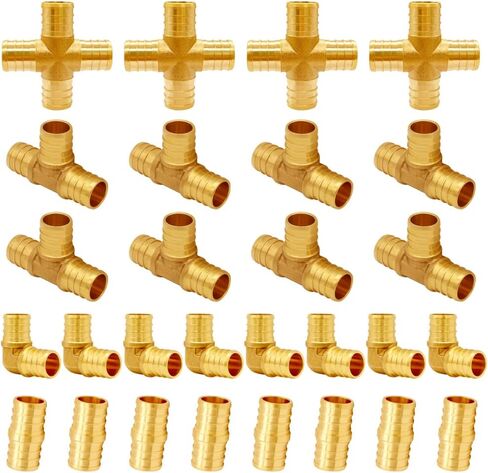 Uenede 28PCS LF Brass 1/2 Inch PEX Coupling Barb Crimp Pipe Tube Fitting Kit (8PCS Straight + 8PCS Elbow + 8PCS Tee + 4PCS 4-Way) in Saudi Arabia