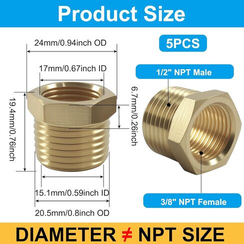 5PCS 1/2" NPT Male x 3/8" NPT Female Brass Bushing Reducer Adapter Fitting,1200 PSI Reducer for Plumbing in Saudi Arabia