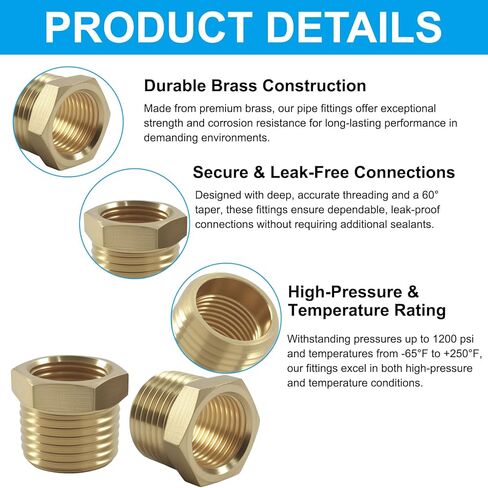 5PCS 1/2" NPT Male x 3/8" NPT Female Brass Bushing Reducer Adapter Fitting,1200 PSI Reducer for Plumbing in Saudi Arabia