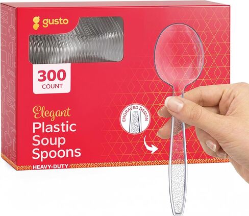 ملاعق شوربة بلاستيكية شفافة شديدة التحمل من GUSTO [عدد 300] أدوات خالية من مادة BPA للاستعمال مرة واحدة مع تصميم منقوش للحفلات وتقديم الطعام والاستخدام اليومي (عبوة مريحة سابقًا) in Kuwait