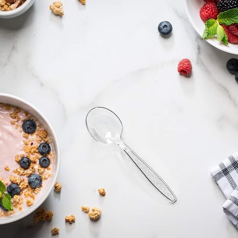 ملاعق شوربة بلاستيكية شفافة شديدة التحمل من GUSTO [عدد 300] أدوات خالية من مادة BPA للاستعمال مرة واحدة مع تصميم منقوش للحفلات وتقديم الطعام والاستخدام اليومي (عبوة مريحة سابقًا) in Kuwait