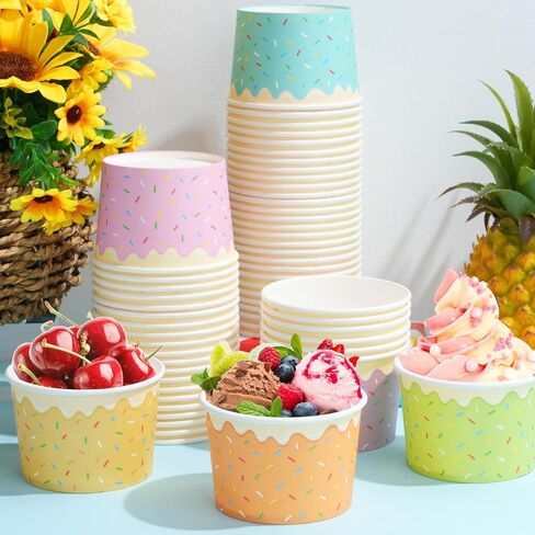 Hallswl 100pcs 11oz Ice Cream Bowls Disposable,Paper Ice Cream Cups,5 Color Sprinkles Food Containers for Dessert Snack Frozen Yogurt Soup and Summer Birthday Party Supplies in Kuwait