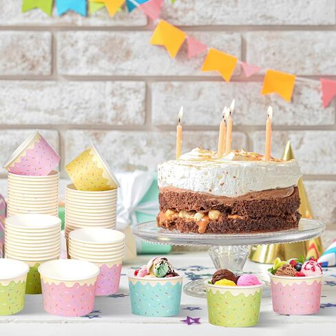 Hallswl 100pcs 11oz Ice Cream Bowls Disposable,Paper Ice Cream Cups,5 Color Sprinkles Food Containers for Dessert Snack Frozen Yogurt Soup and Summer Birthday Party Supplies in Kuwait