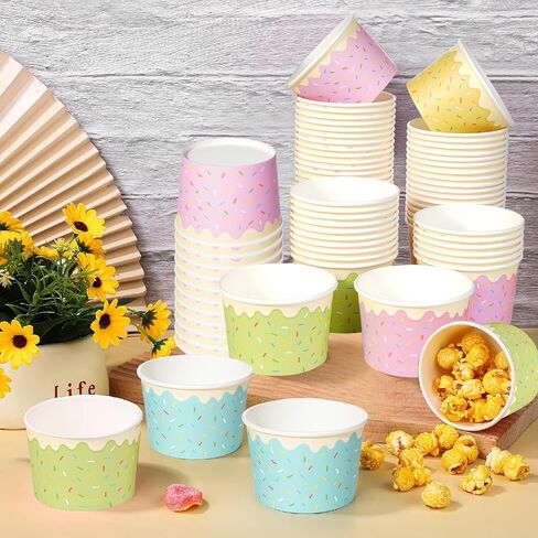Hallswl 100pcs 11oz Ice Cream Bowls Disposable,Paper Ice Cream Cups,5 Color Sprinkles Food Containers for Dessert Snack Frozen Yogurt Soup and Summer Birthday Party Supplies in Kuwait