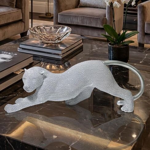 Shlinuo Leopard Statue Handcrafted Silver Cheetah Statue Home Decor Intricate Beaded Design for Living Room, Office, or Gift - Elegant and Unique Decorative Sculpture（Silvery） in Saudi Arabia
