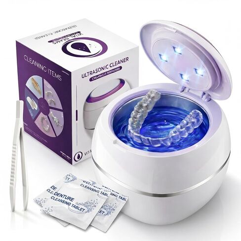Ultrasonic Retainer Cleaner Machine with 3 Retainer Cleaning Tablets - 45kHz Dental Cleaning Pod with 2 Modes, Deep Cleaning Ultrasonic Cleaner for Dentures, Aligners, Mouth Guards in Kuwait