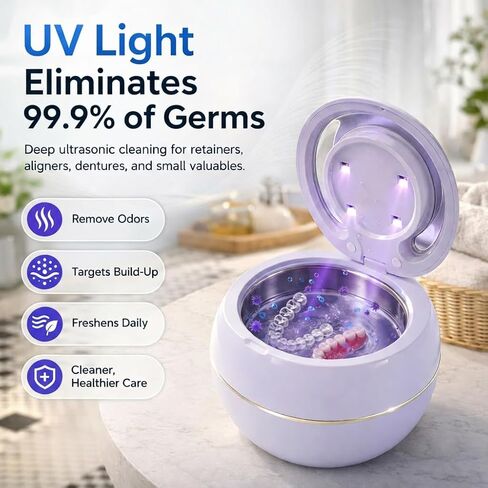 Ultrasonic Retainer Cleaner Machine with 3 Retainer Cleaning Tablets - 45kHz Dental Cleaning Pod with 2 Modes, Deep Cleaning Ultrasonic Cleaner for Dentures, Aligners, Mouth Guards in Kuwait