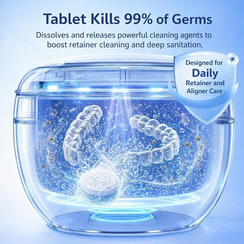 Ultrasonic Retainer Cleaner Machine with 3 Retainer Cleaning Tablets - 45kHz Dental Cleaning Pod with 2 Modes, Deep Cleaning Ultrasonic Cleaner for Dentures, Aligners, Mouth Guards in Kuwait