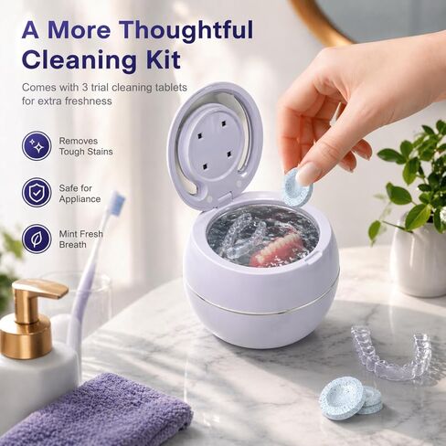 Ultrasonic Retainer Cleaner Machine with 3 Retainer Cleaning Tablets - 45kHz Dental Cleaning Pod with 2 Modes, Deep Cleaning Ultrasonic Cleaner for Dentures, Aligners, Mouth Guards in Kuwait