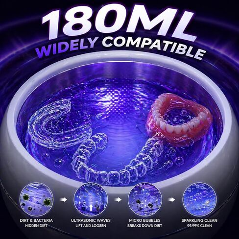Ultrasonic Retainer Cleaner Machine with 3 Retainer Cleaning Tablets - 45kHz Dental Cleaning Pod with 2 Modes, Deep Cleaning Ultrasonic Cleaner for Dentures, Aligners, Mouth Guards in Kuwait