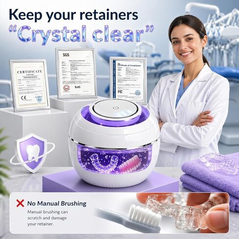 Ultrasonic Retainer Cleaner Machine with 3 Retainer Cleaning Tablets - 45kHz Dental Cleaning Pod with 2 Modes, Deep Cleaning Ultrasonic Cleaner for Dentures, Aligners, Mouth Guards in Kuwait