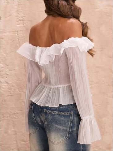 GORGLITTER Women's Off Shoulder Ruffle Tops Vintage Sheer Mesh Tie Up Bell Sleeve Renaissance Blouses in Saudi Arabia