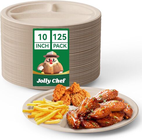 أطباق ورقية مقصورة من JOLLY CHEF قابلة للتحلل 𝟵 𝗜𝗻𝗰𝗵 [𝟭𝟮𝟱 𝗣𝗮𝗰𝗸] شديدة التحمل مقسمة للاستعمال مرة واحدة وصديقة للبيئة، صواني مستديرة قابلة للتحلل البيولوجي لحفلات العشاء والغداء وعيد الميلاد (بني) in Kuwait