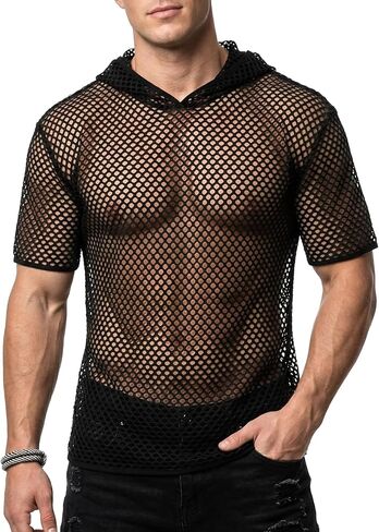 Men's Mesh Fishnet Short Sleeve Fitted Muscle T-Shirt Sheer See-Through Base Layer Undershirt for Rave Clubwear in Kuwait