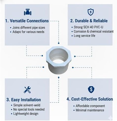 ERA 2 بوصة × 1-1/2 بوصة جدول 40 جلبة مخفض PVC - مقبس منزلق تركيب أنابيب بيضاء، معتمد من NSF-PW، 5 عبوات in Kuwait
