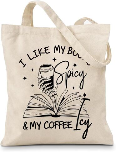 حقيبة حمل من القماش من Geondos Book Lover، I Like My Books Spicy and My Coffee Icy Totes، حقائب تسوق قابلة لإعادة الاستخدام من قماش الهيكل العظمي للقهوة، حقائب كتف للعمل في العطلات غير الرسمية in Kuwait