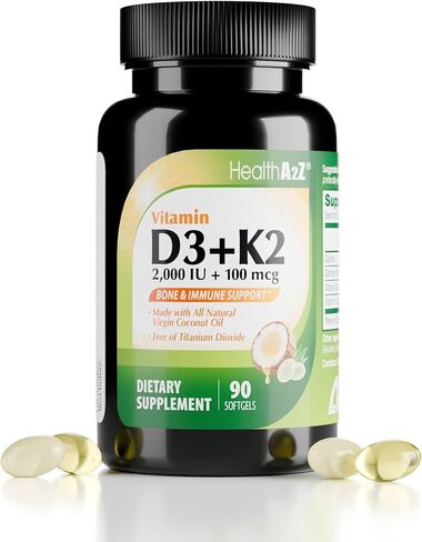 HealthA2Z® فيتامين D3 (2000 وحدة دولية) + K2 (MK-7) مصنوع من زيت جوز الهند البكر (MCTs الطبيعي) - 90 كبسولة هلامية (عبوة من 1) - يساعد على امتصاص الكالسيوم للعظام والأسنان والمزاج وصحة المناعة in Kuwait