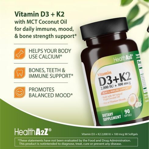 HealthA2Z® فيتامين D3 (2000 وحدة دولية) + K2 (MK-7) مصنوع من زيت جوز الهند البكر (MCTs الطبيعي) - 90 كبسولة هلامية (عبوة من 1) - يساعد على امتصاص الكالسيوم للعظام والأسنان والمزاج وصحة المناعة in Kuwait
