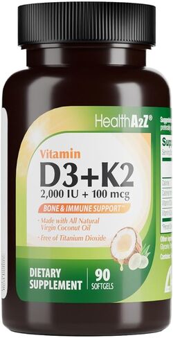HealthA2Z® فيتامين D3 (2000 وحدة دولية) + K2 (MK-7) مصنوع من زيت جوز الهند البكر (MCTs الطبيعي) - 90 كبسولة هلامية (عبوة من 1) - يساعد على امتصاص الكالسيوم للعظام والأسنان والمزاج وصحة المناعة in Kuwait
