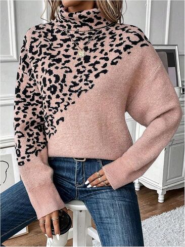 WDIRARA Women's Leopard Turtleneck Sweater Long Sleeve Pullover Knit Tops in Saudi Arabia