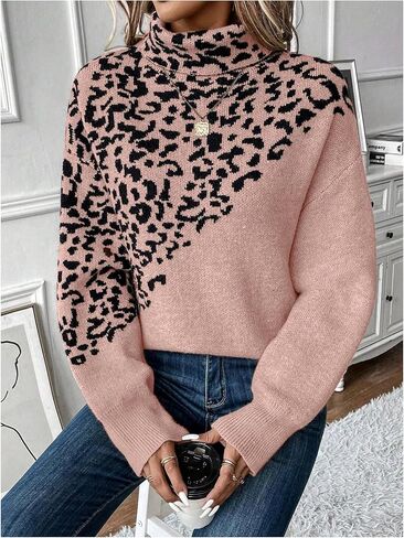 WDIRARA Women's Leopard Turtleneck Sweater Long Sleeve Pullover Knit Tops in Saudi Arabia