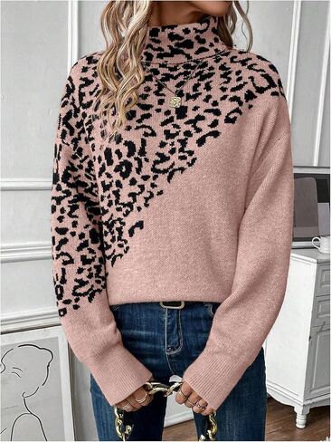 WDIRARA Women's Leopard Turtleneck Sweater Long Sleeve Pullover Knit Tops in Saudi Arabia