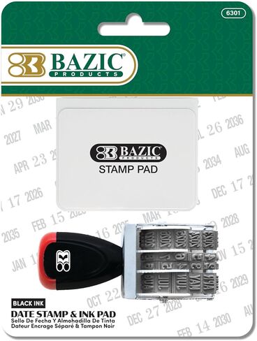 ختم التاريخ ووسادة الحبر من BAZIC (حبر أسود)، 12 عامًا من التواريخ، فولاذ مطلي بالنيكل، حجم انطباع الختم 1 بوصة × 0.15 بوصة، رائع للمكتب، الشحن، الاستلام، المحاسبة، انتهاء الصلاحية، تواريخ الاستحقاق، عبوتان in Saudi Arabia