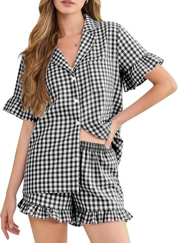Kissonic Womens Gingham Pajamas Set 2 Piece Cotton Pj Lounge Sets Ruffle Sleeve Shirt and Shorts Plaid Sleepwear in Saudi Arabia