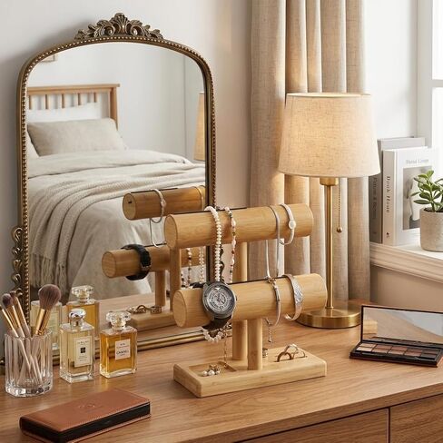 LED Bamboo Jewelry Organizer Stand - Bracelet Holder, Jewelry Organizers and Storage for Necklace, Watch, Earring, Ring - Built-in LED Light Natural Wooden Jewelry Display Stand for Dresser Decor in Saudi Arabia