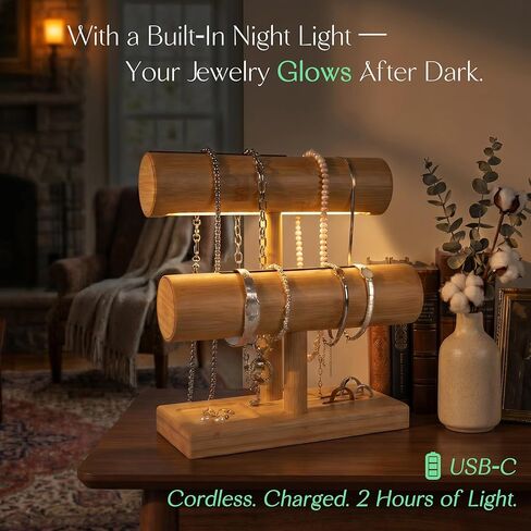 LED Bamboo Jewelry Organizer Stand - Bracelet Holder, Jewelry Organizers and Storage for Necklace, Watch, Earring, Ring - Built-in LED Light Natural Wooden Jewelry Display Stand for Dresser Decor in Saudi Arabia