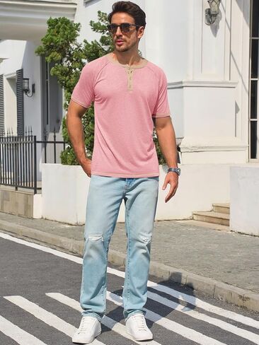 Mens Henley Shirts Short Sleeve Casual Summer Basic T Shirts Button Vintage Lightweight Tee Tops in Saudi Arabia