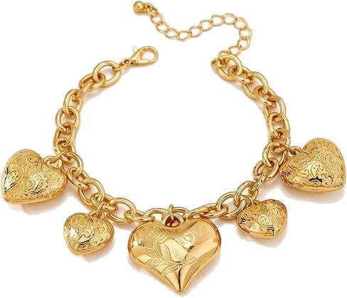 Chunky Heart Charm Bracelet For Women Vintage Style Fashion Jewelry Gold Tone Link Chain Design Featuring Multiple Puffy Heart Pendants Engraved Floral Hearts Elegant Statement Wrist Accessory Gift Ready Retro Romantic Aesthetic in Saudi Arabia