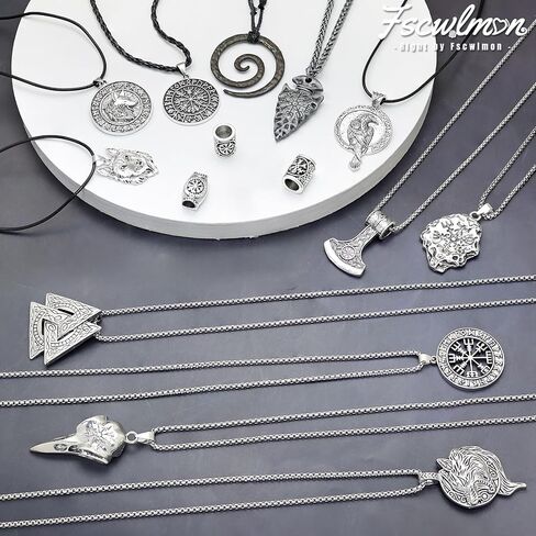 fscwlmon 18pcs نورس فايكنغ تميمة القلائد فايكنغ اكسسوارات الشعر للرجال النساء المطرقة البوصلة فأس الذئب قلادة تعويذة قلادة الشمال الرونية اللحية الشعر الخرز خمر سوار المجوهرات DIY هدية in Saudi Arabia