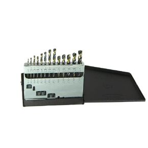 Drillco 350N Series Nitro 13 Piece High-Speed Steel Mechanics Length Drill Bit Set, Black and Gold Oxide Finish, Round with Flats Shank, Spiral Flute, 135 Degrees Split Point, 1/16" - 1/4" in 1/64" increments in Saudi Arabia