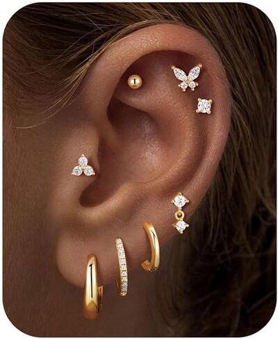 M MOOHAM Hypoallergenic Earring Stacks for Women, Flat Back Stud Earrings 14k Real Gold Plated Surgical Steel Cartilage Earring Set Cute Helix Tragus Huggie Hoop Drop Earrings Jewelry Gifts for Women in Saudi Arabia