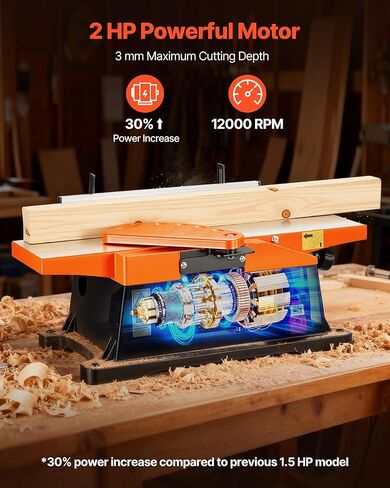 VEVOR Benchtop Jointer, 6 in, 2 HP 12000 RPM Bench Top Wood Jointer, with Straight Cutterhead, 2 HSS Blades, 6 x 23 in Cast Aluminum Table, Up to 1/8 in Depth, Adjustable Fence, for Woodworking DIY in Kuwait