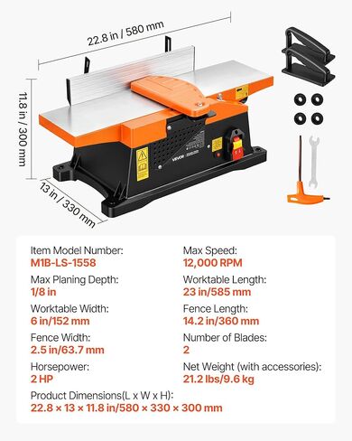 VEVOR Benchtop Jointer, 6 in, 2 HP 12000 RPM Bench Top Wood Jointer, with Straight Cutterhead, 2 HSS Blades, 6 x 23 in Cast Aluminum Table, Up to 1/8 in Depth, Adjustable Fence, for Woodworking DIY in Kuwait