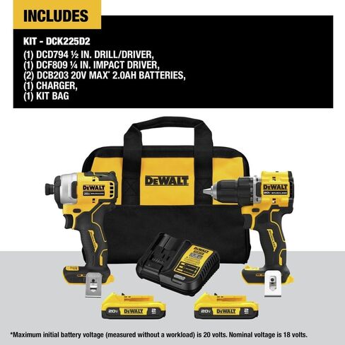 DEWALT DCK225D2R 20V MAX ATOMIC 1/2 بوصة. مجموعة أدوات الحفر اللاسلكي و1/4 بوصة. مجموعة أدوات التشغيل اللاسلكي (2 Ah) (متجددة) in Kuwait