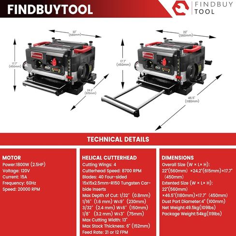 FINDBUYTOOL مسوي سمك 13 بوصة مع رأس قاطع حلزوني - محرك 2.5 حصان، سرعتان (21/12 إطارًا في الدقيقة)، 40 إدراج كربيد، تعديل العمق الدقيق، منفذ الغبار، ضوء LED - أداة النجارة الاحترافية in Kuwait