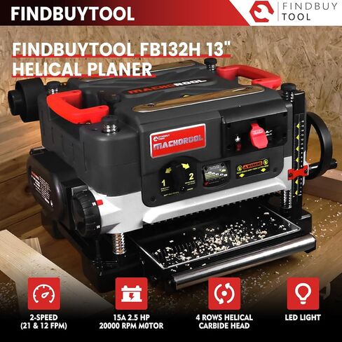 FINDBUYTOOL مسوي سمك 13 بوصة مع رأس قاطع حلزوني - محرك 2.5 حصان، سرعتان (21/12 إطارًا في الدقيقة)، 40 إدراج كربيد، تعديل العمق الدقيق، منفذ الغبار، ضوء LED - أداة النجارة الاحترافية in Kuwait