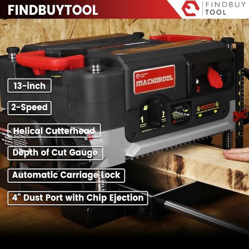 FINDBUYTOOL مسوي سمك 13 بوصة مع رأس قاطع حلزوني - محرك 2.5 حصان، سرعتان (21/12 إطارًا في الدقيقة)، 40 إدراج كربيد، تعديل العمق الدقيق، منفذ الغبار، ضوء LED - أداة النجارة الاحترافية in Kuwait