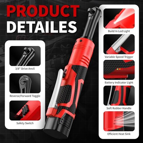 FULLYEA Cordless Electric Ratchet Wrench Set, 40 Ft-lbs, 550 RPM Power Ratchet,16.8V electric ratchet 3/8" drive with Variable Speed, 1/4" Adapter, LED Light, 2*2.0Ah Li-ion Batteries and Fast Charger in Kuwait