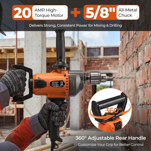 Drill Mixer Set, 20 Amp Corded Mixing Drill with 5/8" All-Metal Chuck, 1100 RPM Heavy Duty Concrete Mud Mixer with 360° Adjustable D-Handle for Cement Mortar Paint Grout Plaster Thinset in Kuwait