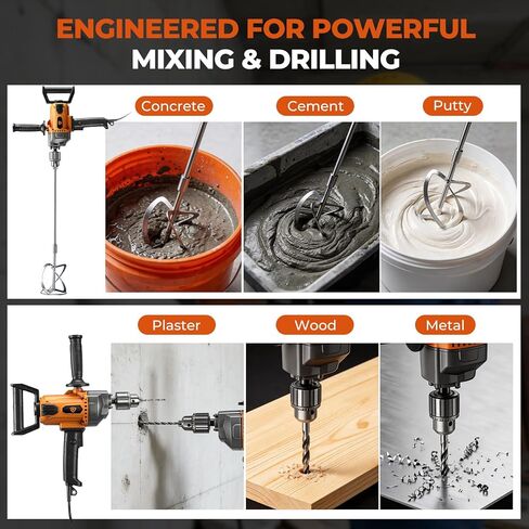 Drill Mixer Set, 20 Amp Corded Mixing Drill with 5/8" All-Metal Chuck, 1100 RPM Heavy Duty Concrete Mud Mixer with 360° Adjustable D-Handle for Cement Mortar Paint Grout Plaster Thinset in Kuwait