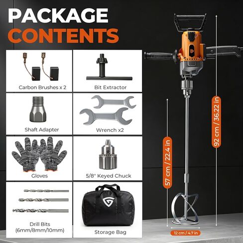 Drill Mixer Set, 20 Amp Corded Mixing Drill with 5/8" All-Metal Chuck, 1100 RPM Heavy Duty Concrete Mud Mixer with 360° Adjustable D-Handle for Cement Mortar Paint Grout Plaster Thinset in Kuwait