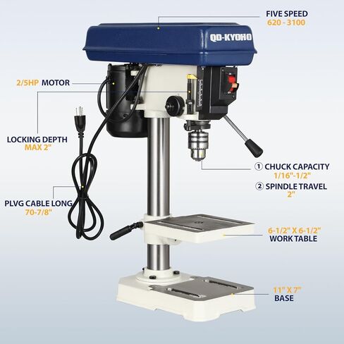 QK-KYOHO 8" Benchtop Drill Press - 3.1A Motor Drill Press Heavy-Duty Cast Iron Head - Bench Drill Press 5 Speed Adjustable (620-3100 RPM) - 0-45°Tilting&Height Adjustable Table Drill Presses in Kuwait