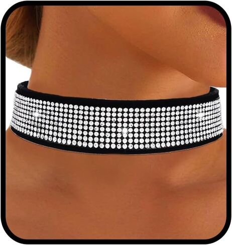 Obmyec Rhinestone Choker Necklace Gothic Choker Collar Adjustable Velvet Choker Halloween Nighclub Rave Party Sparkle Crytal Necklaces for Women in Saudi Arabia
