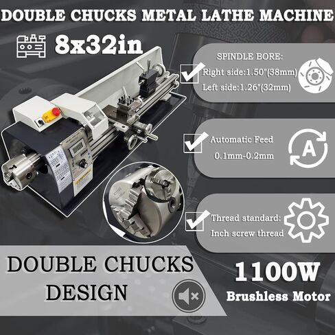 INTBUYING 8 × 32 بوصة مخرطة معدنية مخرطة دقيقة للهواة والمشروعات اليدوية تصميم أفقي مزدوج ظرف 1100 وات محرك بدون فرشاة 50-2500 دورة في الدقيقة متغيرة السرعة بوصة خيط 110 فولت in Kuwait